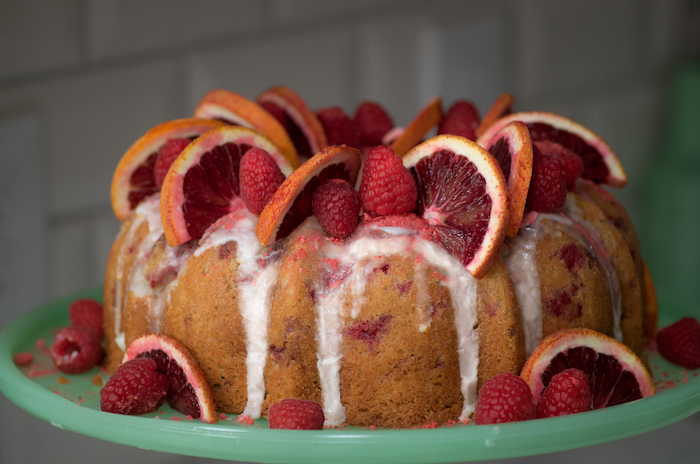 Recipe for a blood orange and raspberry bundt cake.